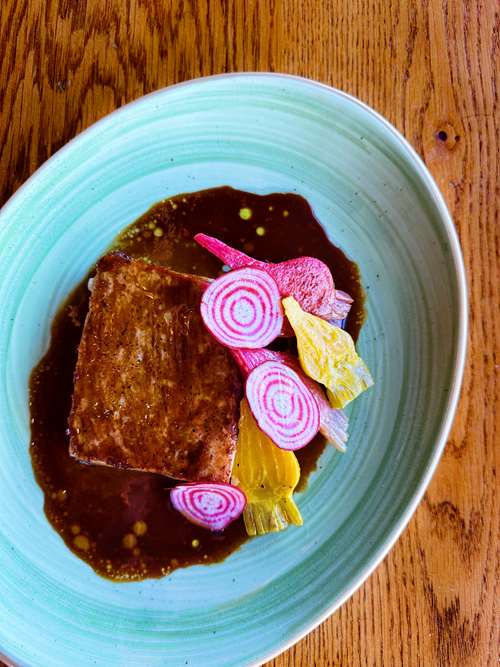 Pineapple Cherry Slow Braised Pork Belly, Roasted Beet Medley